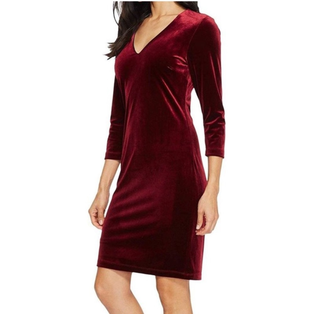 New w/o Tags Karen Kane Wine (Maroon) Stretch Velvet V-Neck Sheath Dress - Picture 2 of 10
